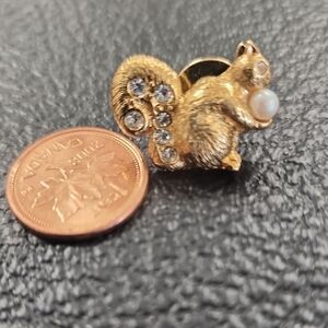 Vintage Gold Squirrel Brooch with Pearl and Rhinestones